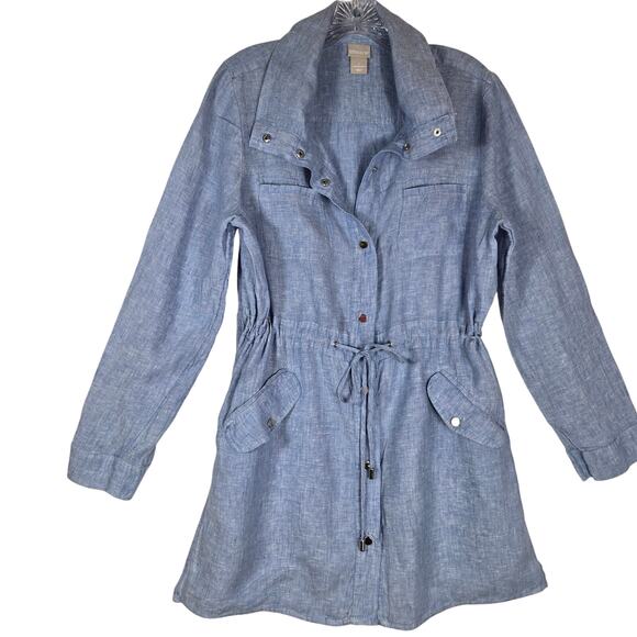 Chicos Chambray Linen Tunic Dress Drawstring Cover up Blue Mini Dress  #915 - Picture 7 of 11